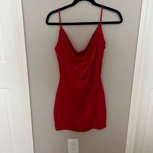 Red silky dress with open back and lace